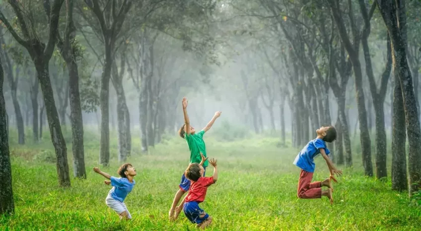A richly saturated picture of four young boys playing on a meadow surrounded by misty trees.