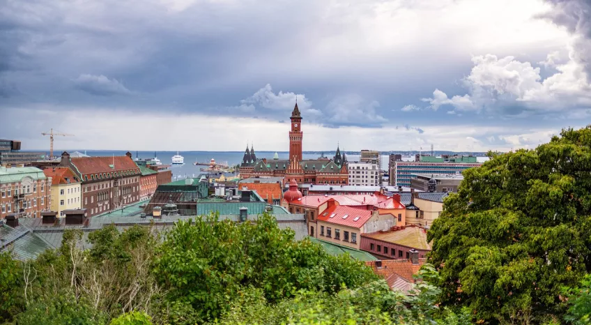 A picture of the city of Helsingborg with its harbour, taken from above 